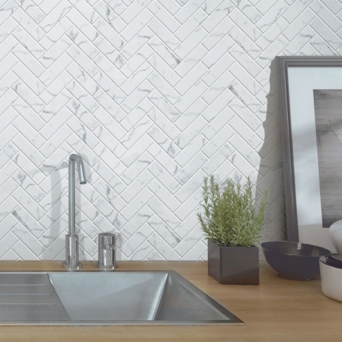 人字貼馬賽克磚-卡拉拉白大理石