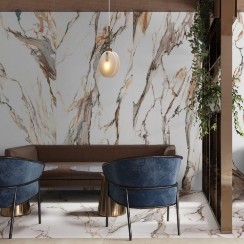 埃森黃金雕刻白大理石大板磚-亮面