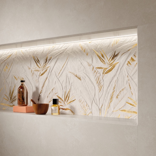 維納石紋立體花磚-米白繪金