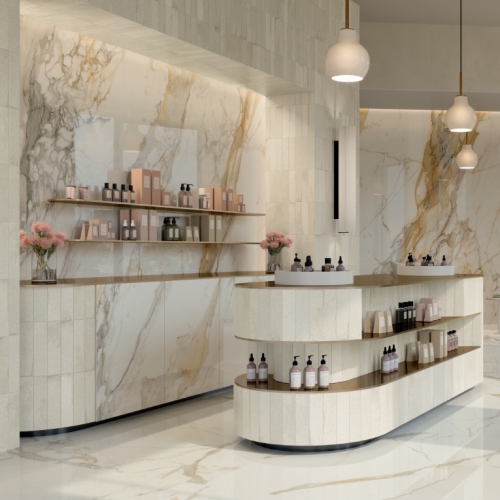 斯特拉黃金雕刻白大理石薄板磚-亮面