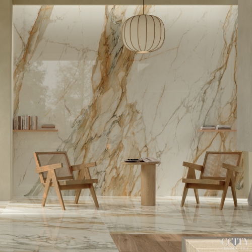 斯特拉黃金雕刻白大理石薄板磚-亮面